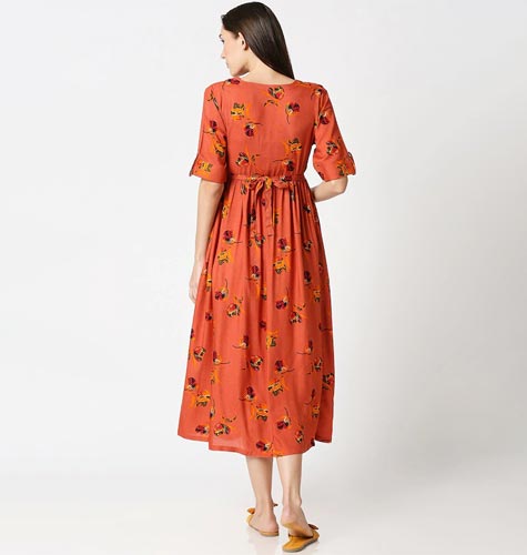 Orange Floral Printed Maternity Empire Midi Dress